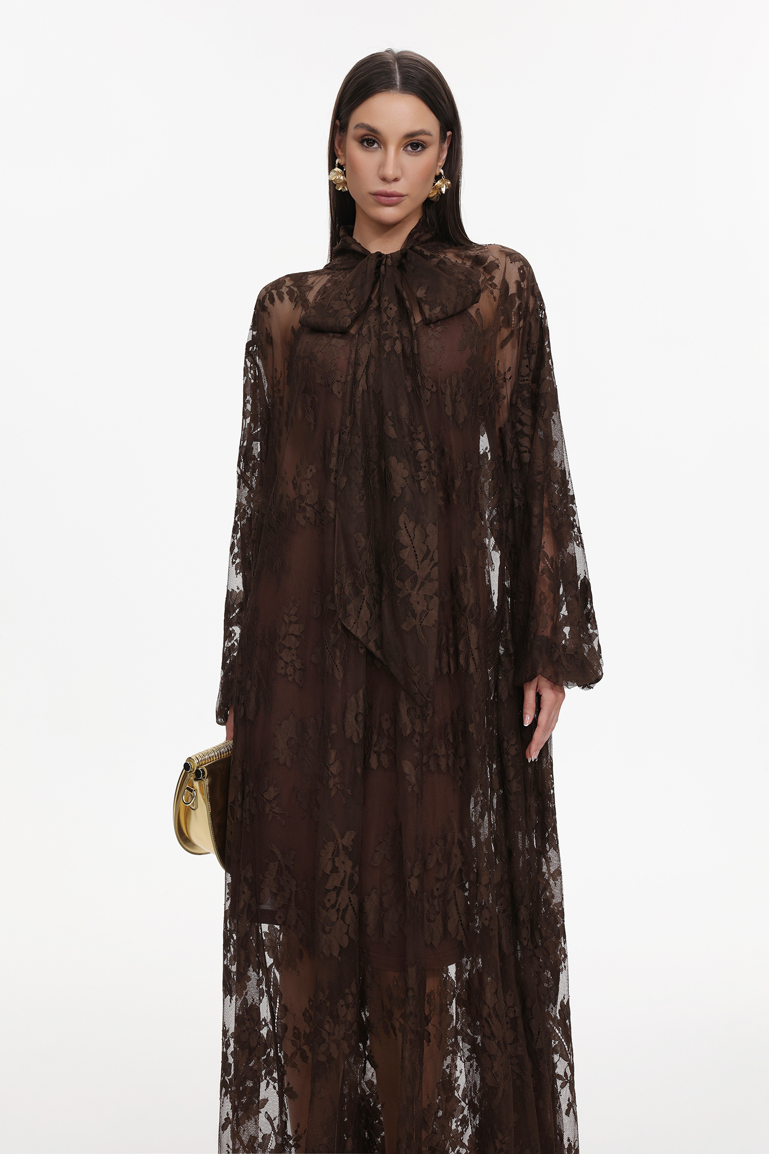 Deliyn Resort Flowy Long Sleeve Embroidered Mesh Lace Maxi Dress