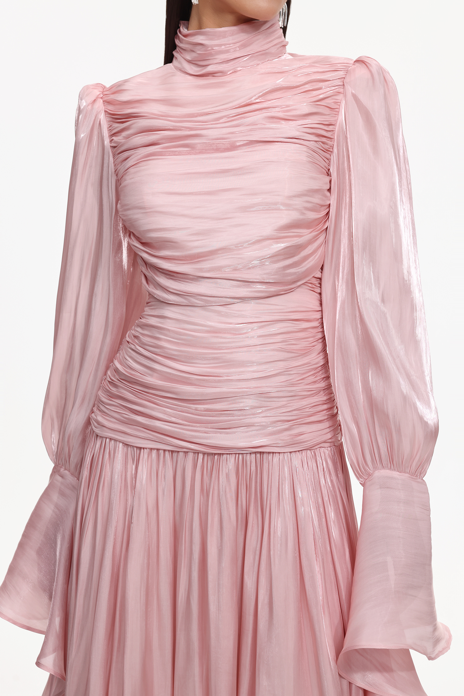 Viky Resort Waist-Defining Long Sleeve Ruched Woven Maxi Dress