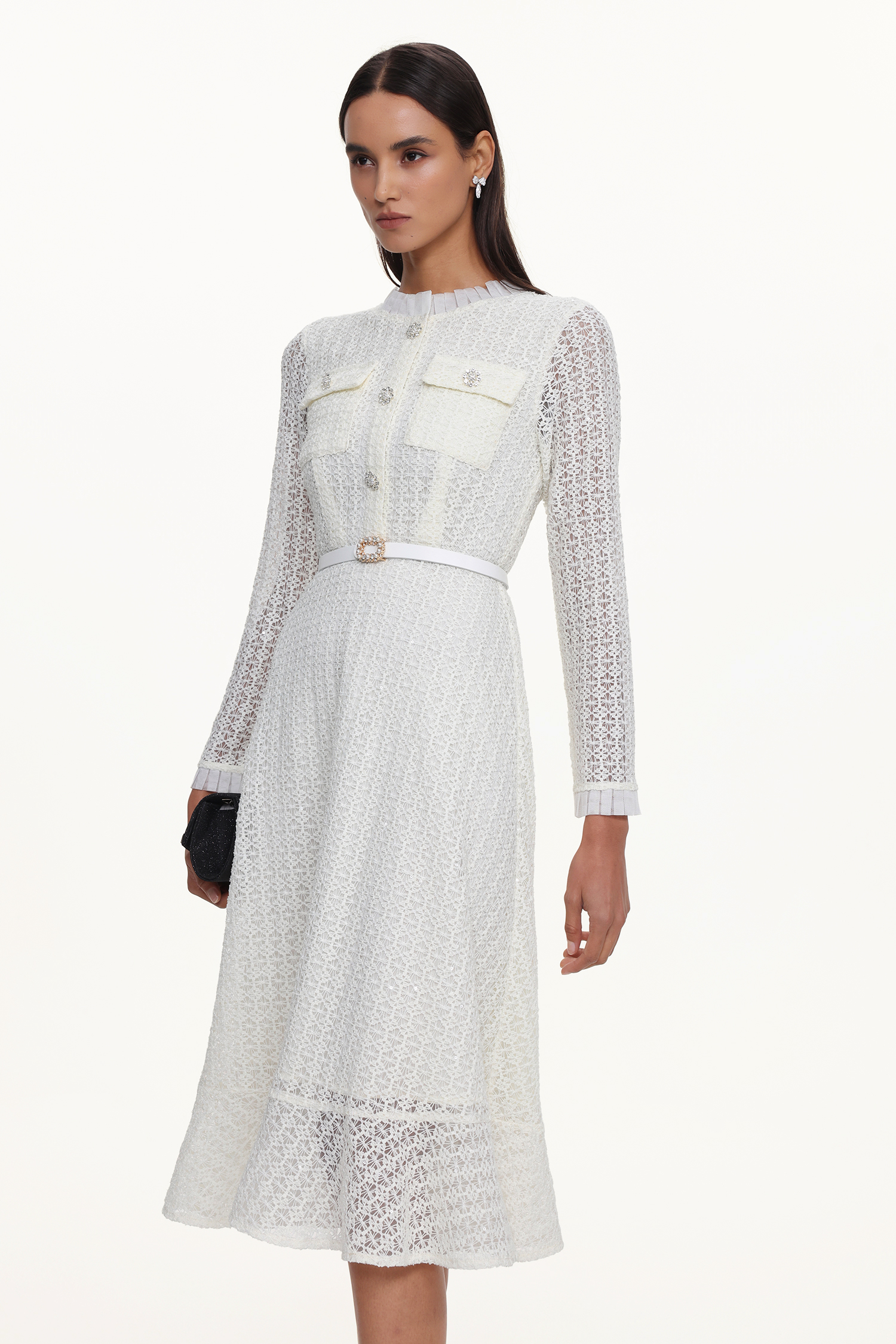 Deme Elegant Flowy Long Sleeve Rhinestone Woven Maxi Dress