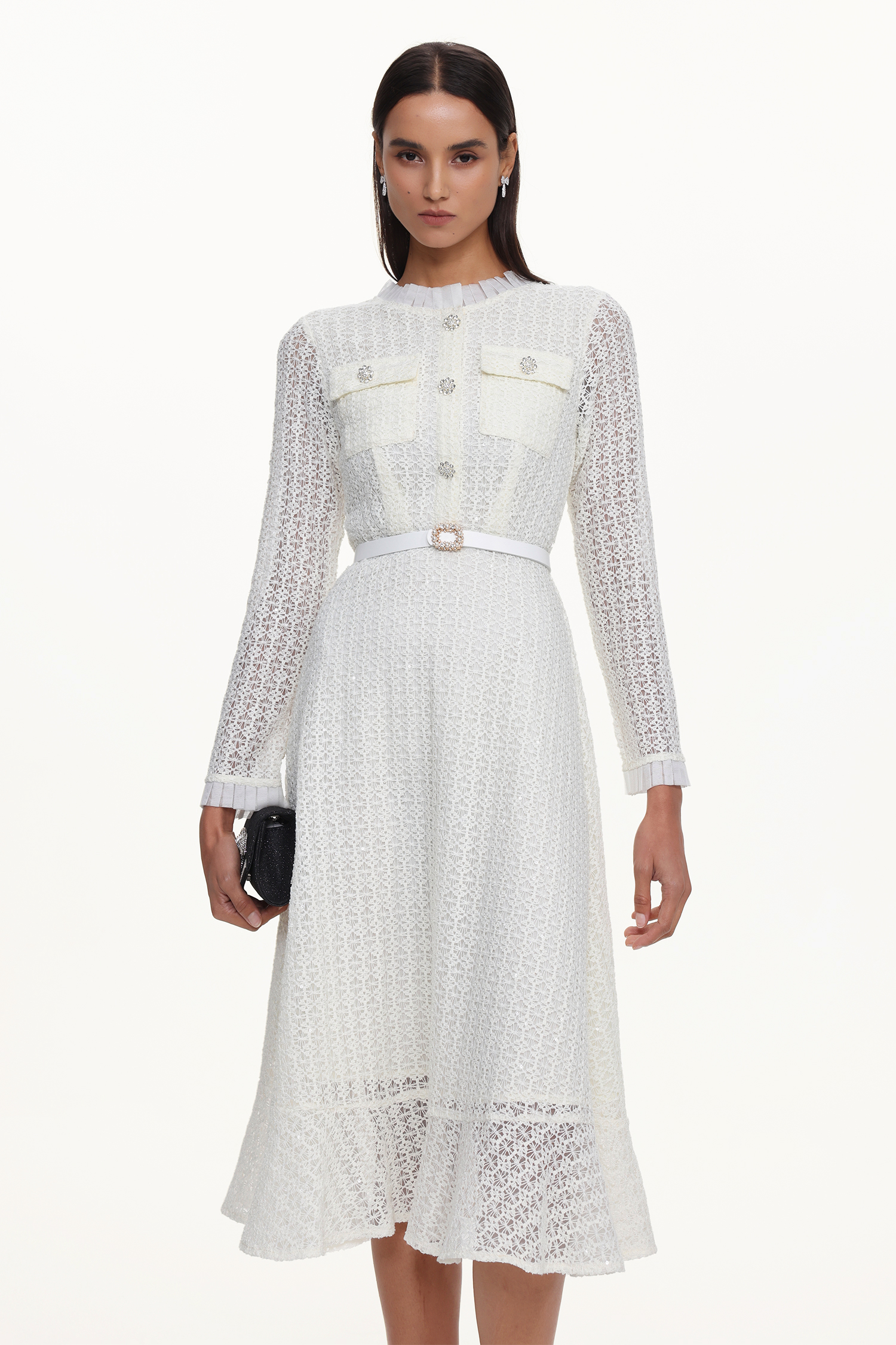 Deme Elegant Flowy Long Sleeve Rhinestone Woven Maxi Dress
