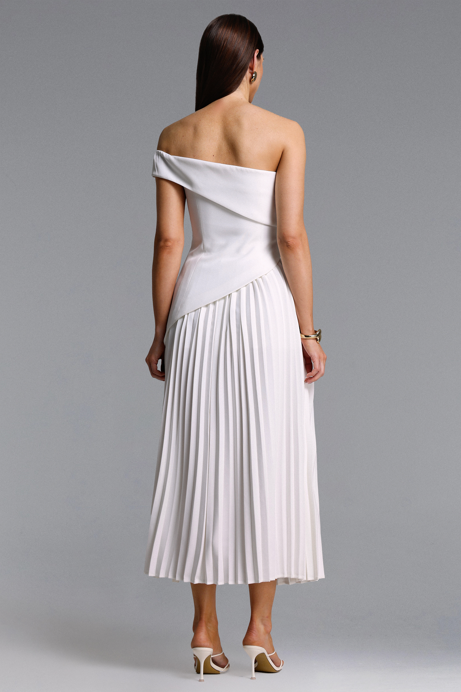 Vickee Elegant Tailored Off Shoulder Asymmetric Pleated Maxi Dress