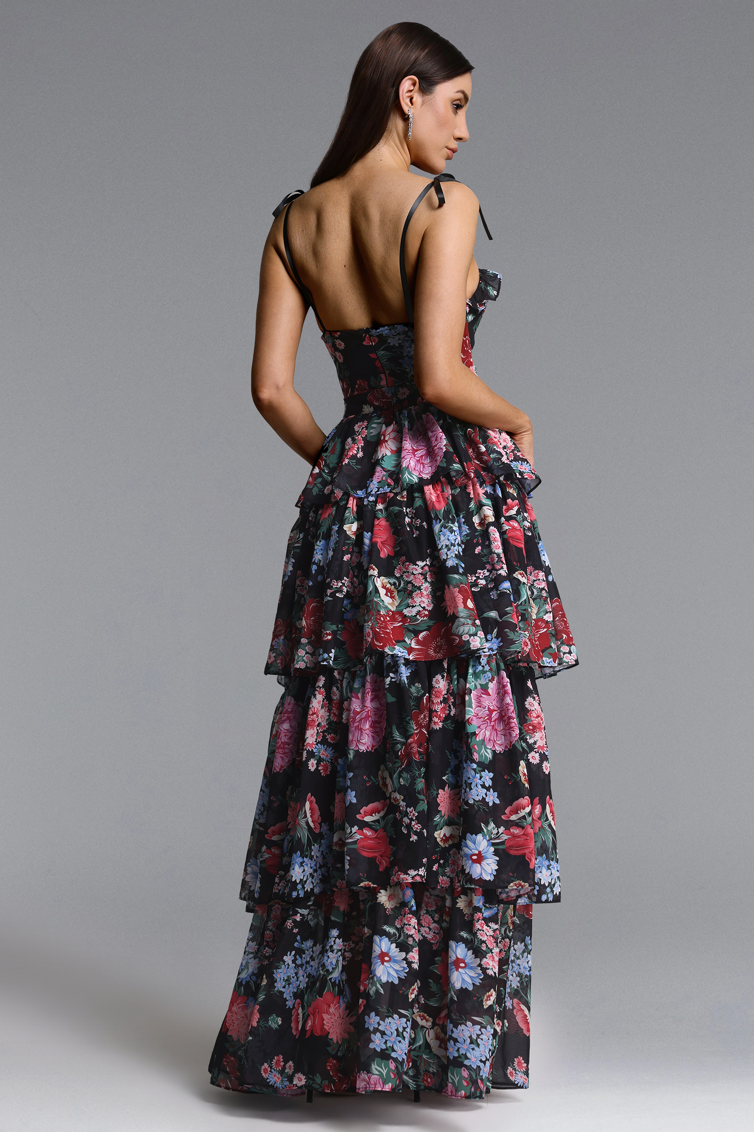 Pale Chic Flowy Halter Cut Out Floral Print Ruffle Maxi Dress