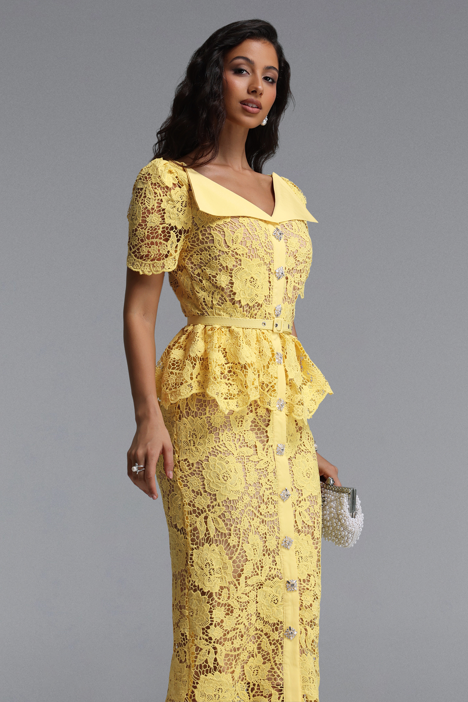 Quinn Elegant Cinched Short Sleeve Floral Lace Maxi Dress