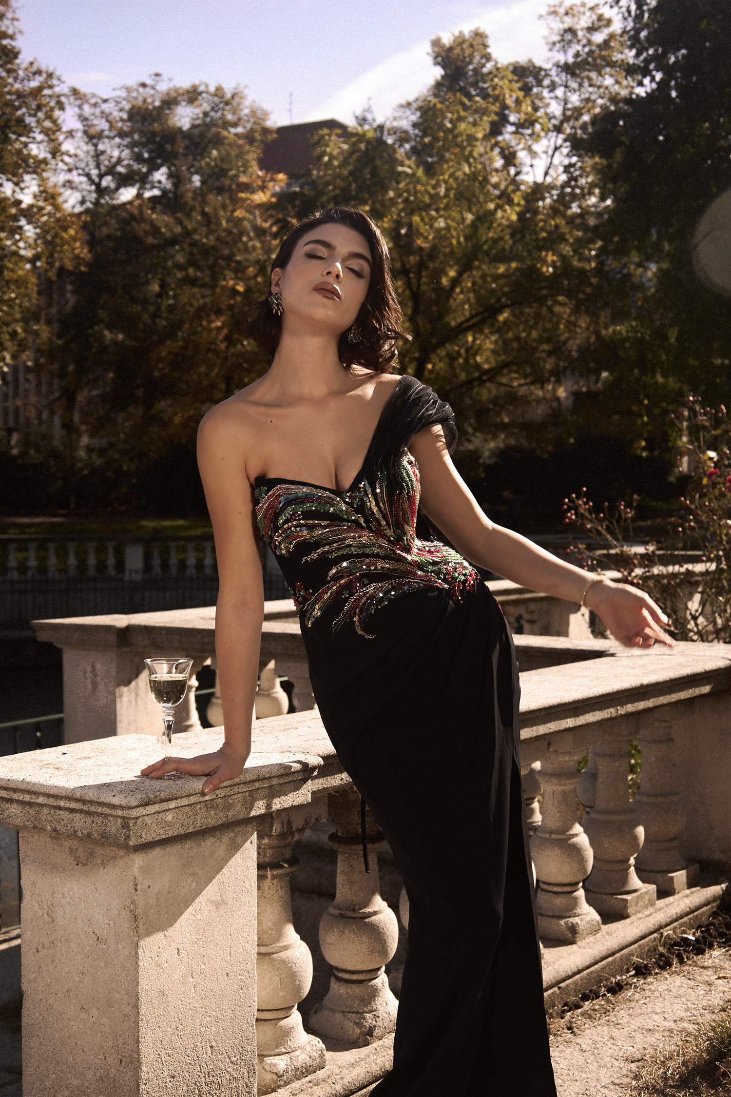 Stolen Strapless Sequin Embroidered Slit Bandage Maxi Dress
