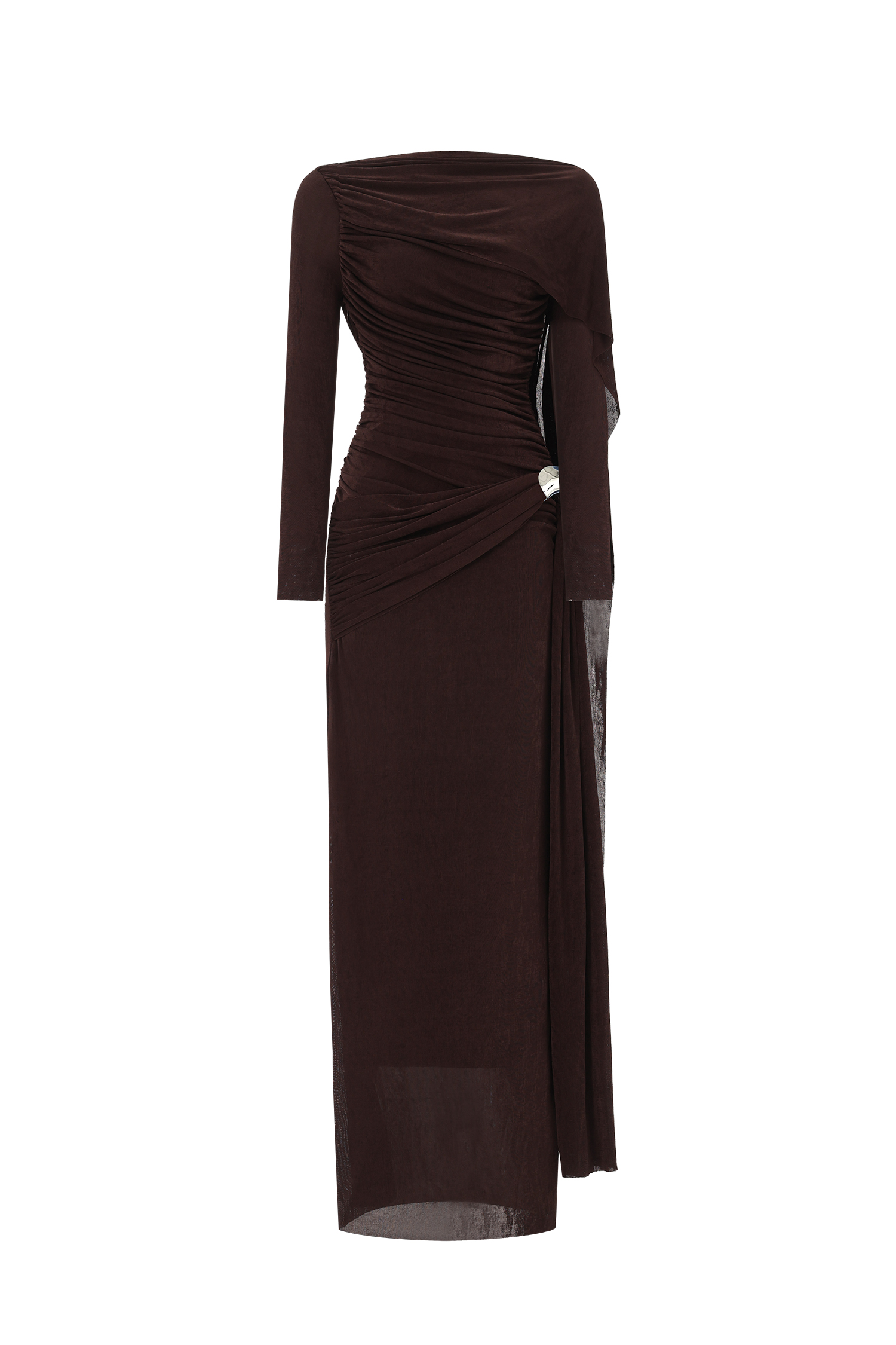 Tihila Long Sleeve Ruched Brown Maxi Dress