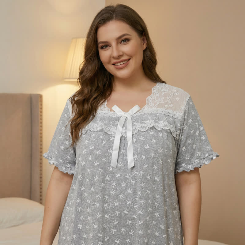Bow Lace Trim Loungewear - Light Gray - 4XL - image 11