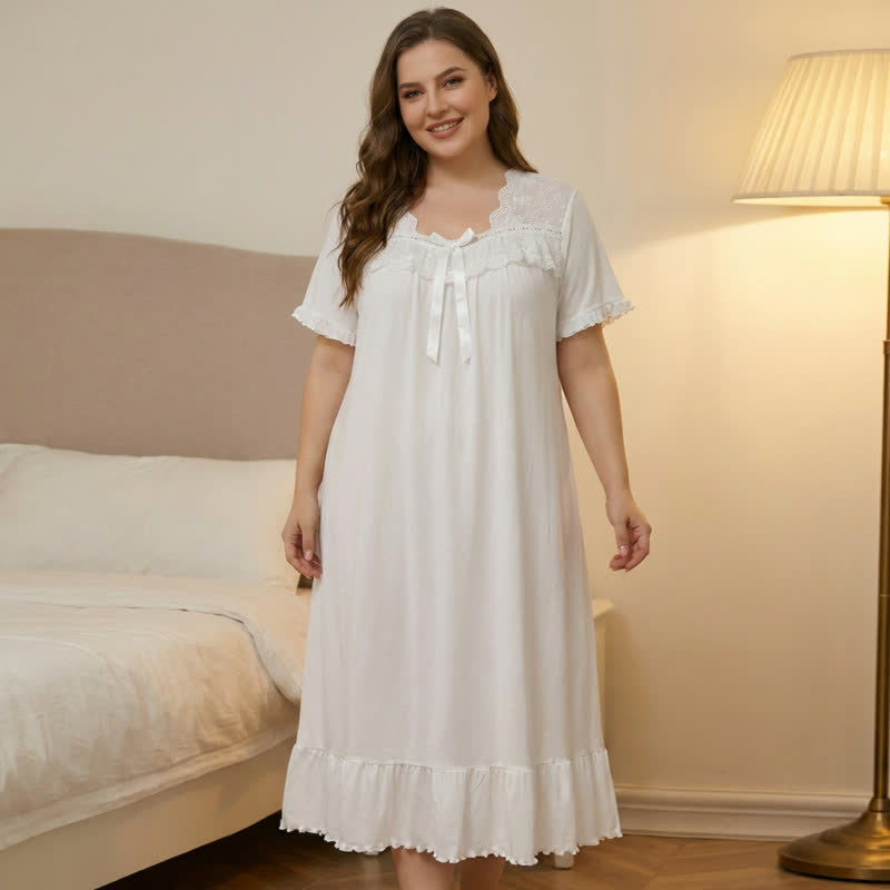 Bow Lace Trim Loungewear - White - 4XL - image 5