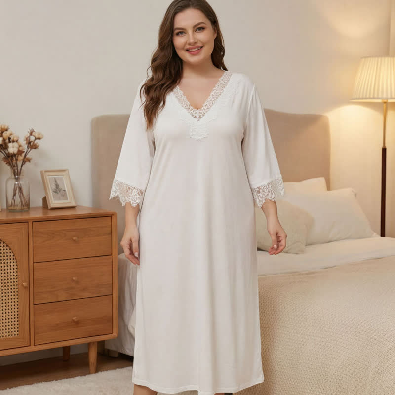 Lace Trim Nightgown Loungewear - White - 5XL - image 2