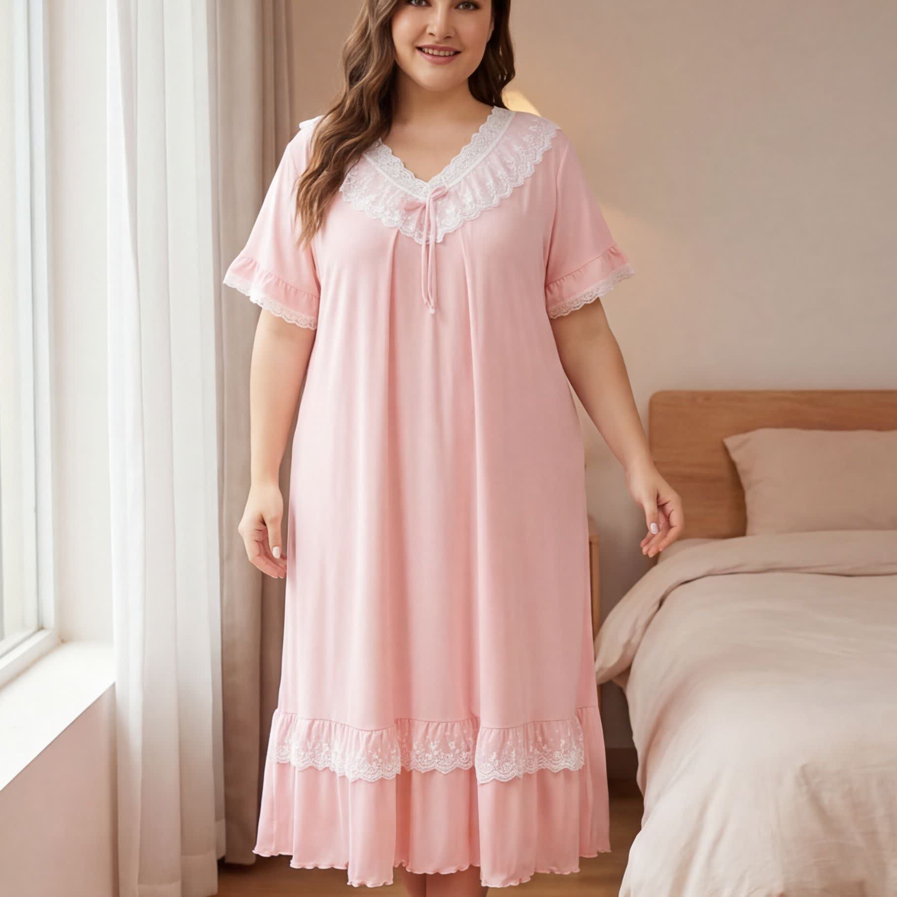 Tencel Lace Nightgown Loungewear - Pink - 4XL - image 1
