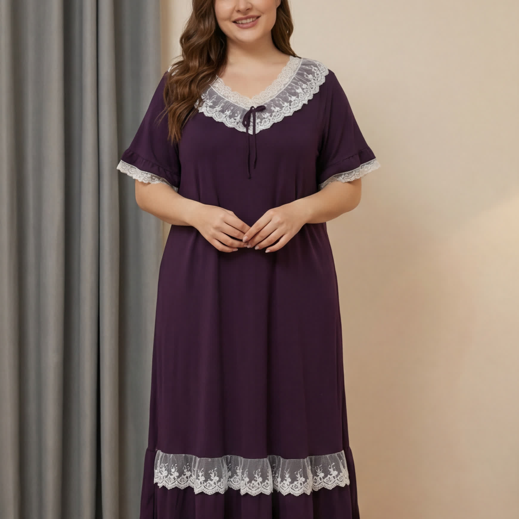 Tencel Lace Nightgown Loungewear - Purple - 4XL - image 2