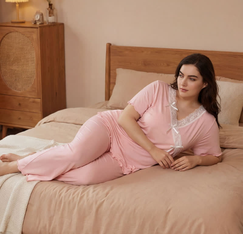 Plus Size Soft Pink Lace Trim Pajama Set - image 2