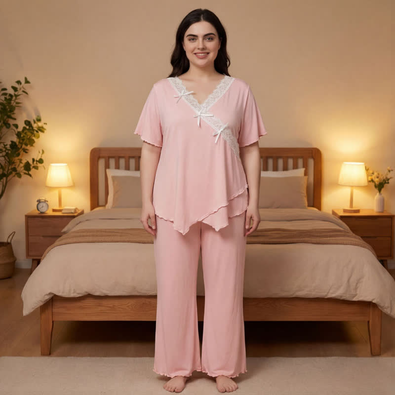 Plus Size Soft Pink Lace Trim Pajama Set - Pink - 4XL - image 1