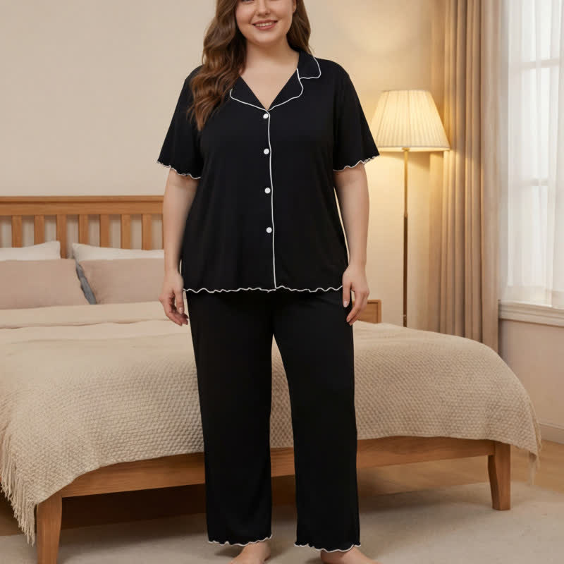 Plus Size Contrast Trim Pajama Set - Black - 4XL - image 3