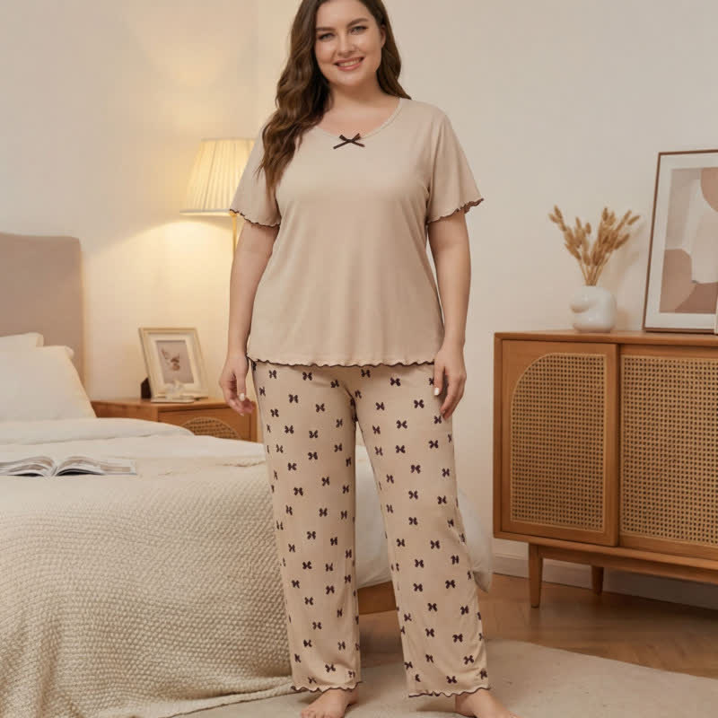 Plus Size Bow Print Pajama Set - Beige - 4XL - image 1