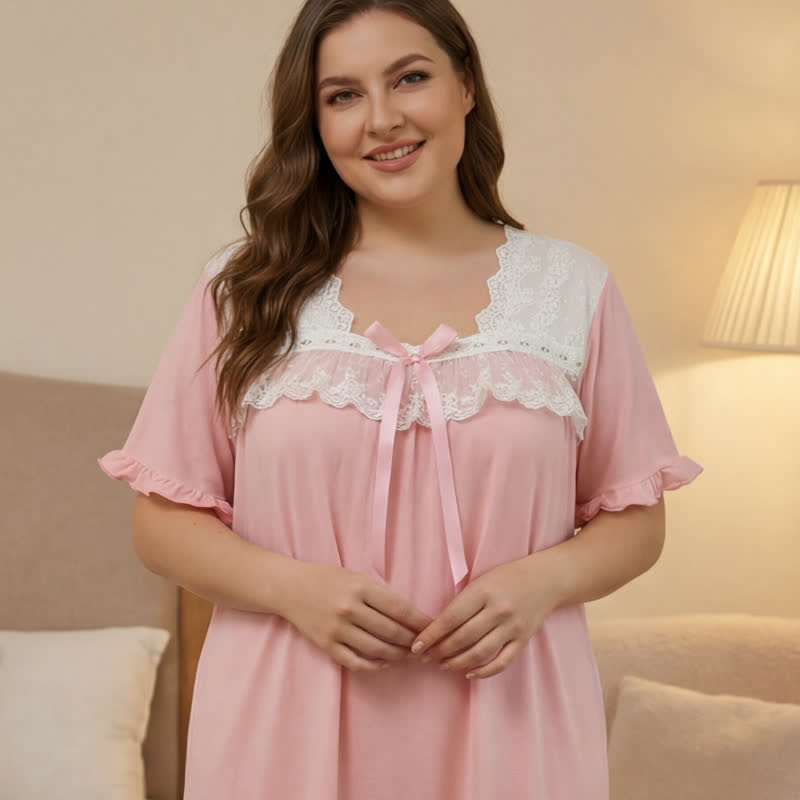 Bow Lace Trim Loungewear - Pink - 4XL - image 1