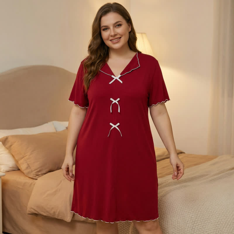 Elegant Bow Trim Loungewear - Red - 5XL - image 6