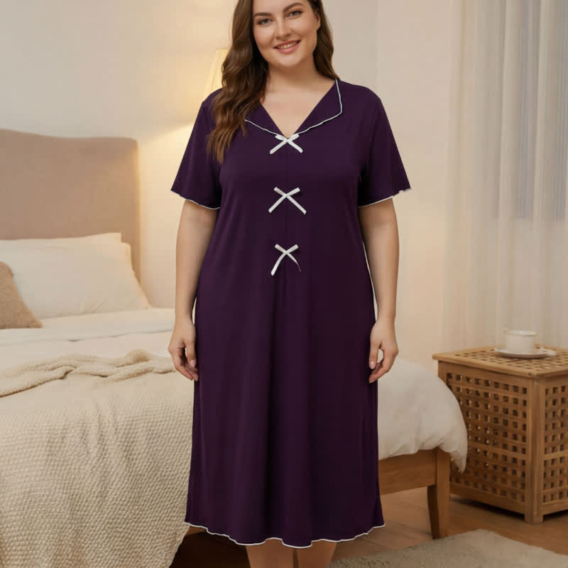 Elegant Bow Trim Loungewear - Purple - 5XL - image 1