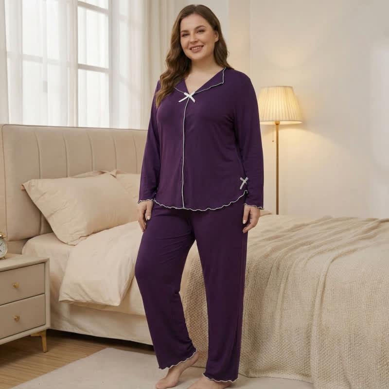 Bow Long Sleeve Pajama Set - Purple - 4XL - image 3