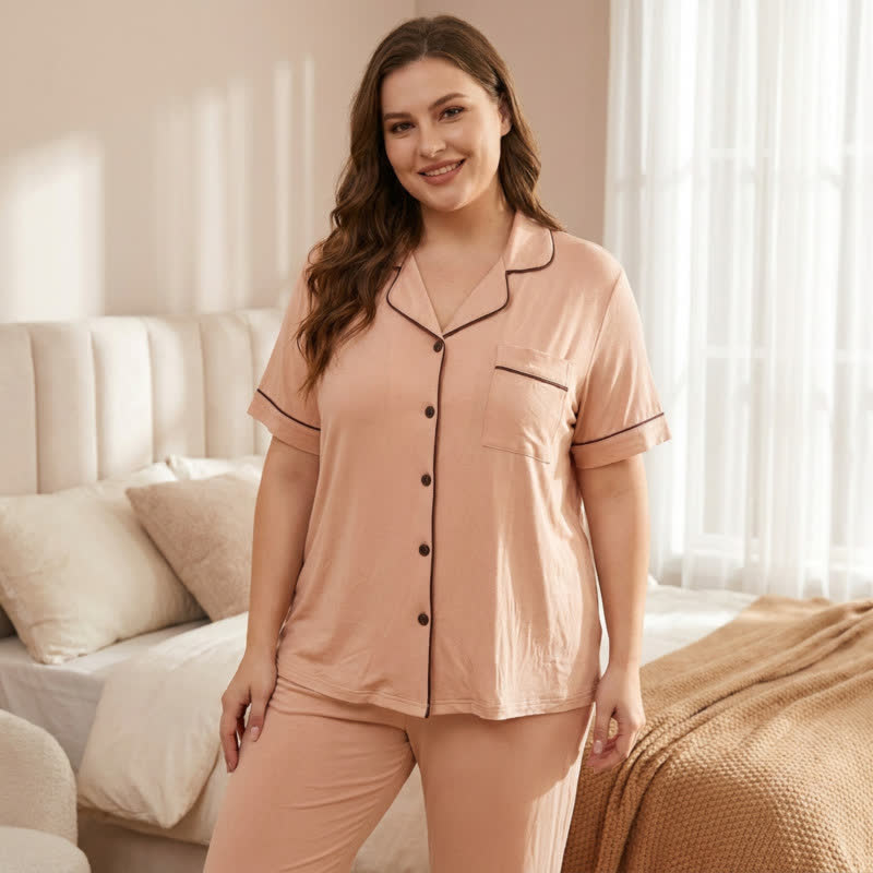 Modal Button Front Pajama Set - Beige - 5XL - image 1