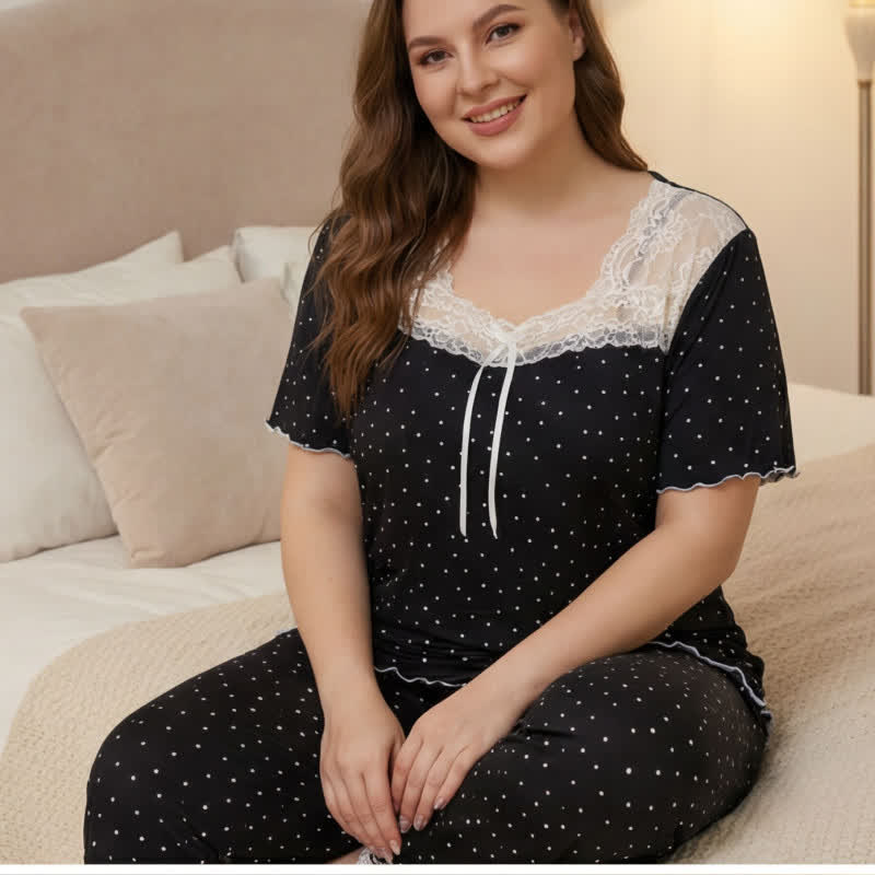 Soft Polka Dot Lace Pajama Set - Black - 4XL - image 2