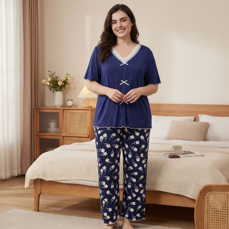 Flower Lace Bow Pajama Set - Navy Blue - 4XL - image 1