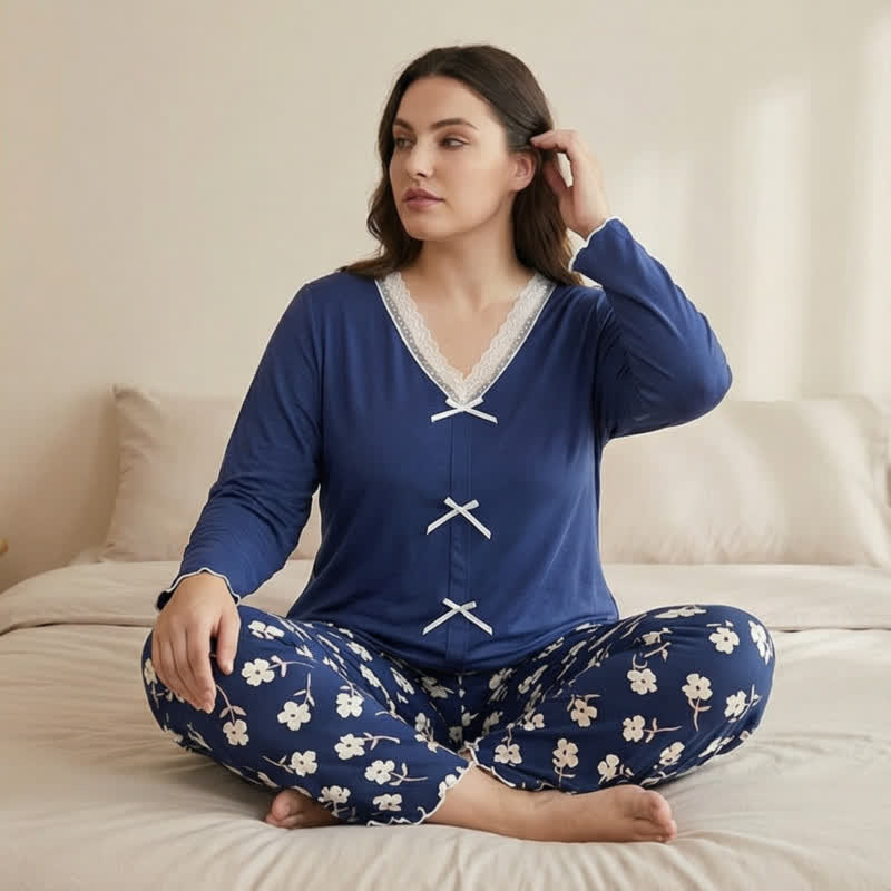 Blue Lace Bow Floral Pajama Set - image 2