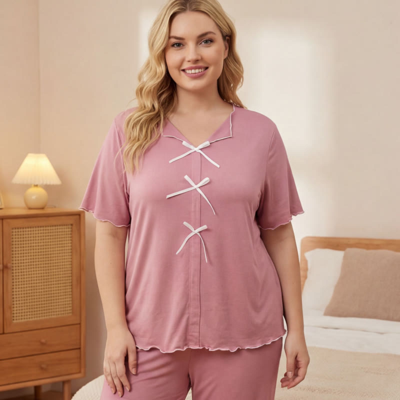 Classic Bow Trim Pajama Set - Pink - 5XL - image 8