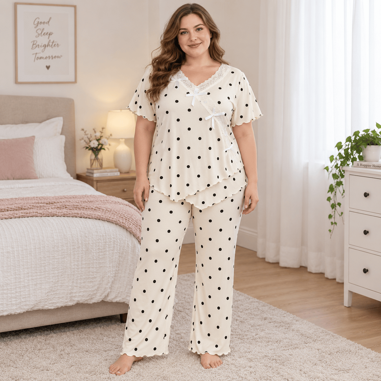 Lace Polka Dot Pajama Set - Beige - 4XL - image 1