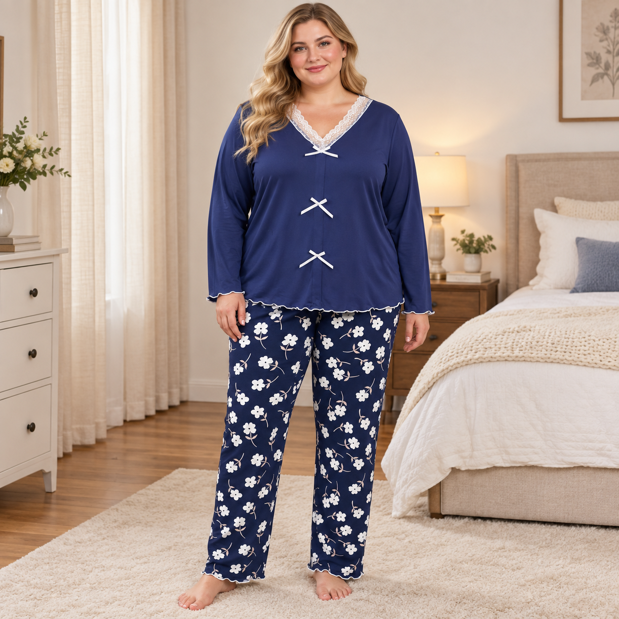 Blue Lace Bow Floral Pajama Set - Blue - 4XL - image 1