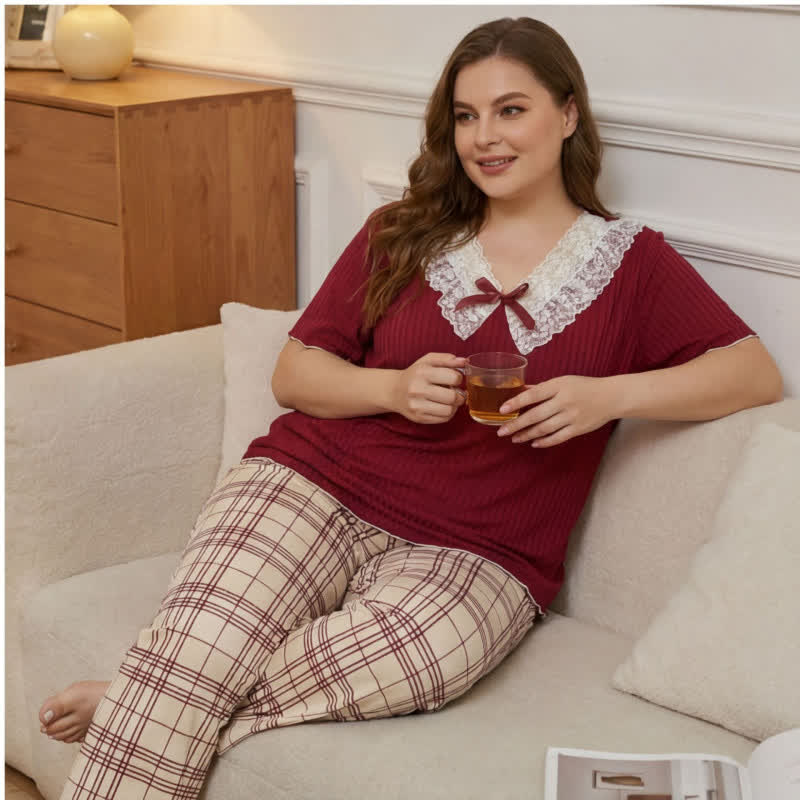 Lace Collar Plaid Pajama Set - image 2