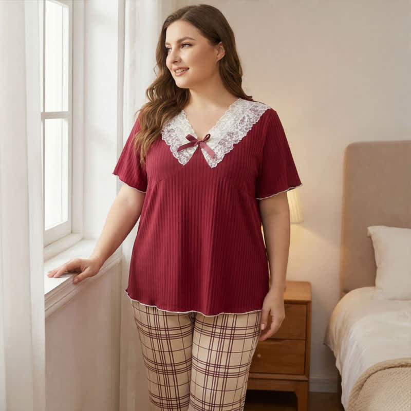 Lace Collar Plaid Pajama Set - Red - 4XL - image 1
