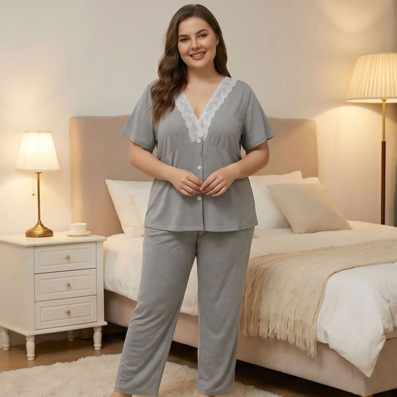 Lace Trim Button Pajama Set - Gray - 4XL - image 1