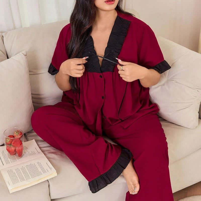 Contrast Ruffle Trim Pajama Set - image 2