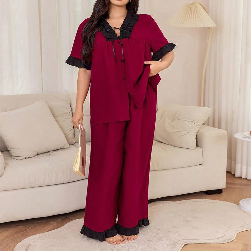 Contrast Ruffle Trim Pajama Set - Red - 4XL - image 1
