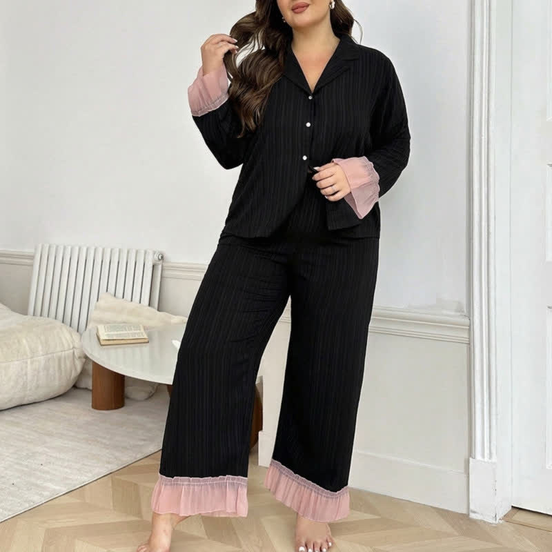 Contrast Ruffle Pajama Set - Black - 4XL - image 1