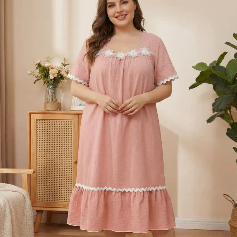 Floral Applique Lounge Nightgown - Pink - 5XL - image 5