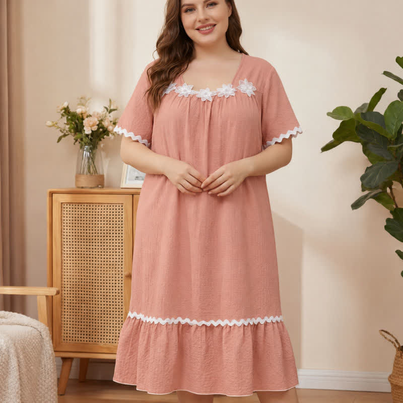 Floral Applique Lounge Nightgown - Dark Pink - 5XL - image 1
