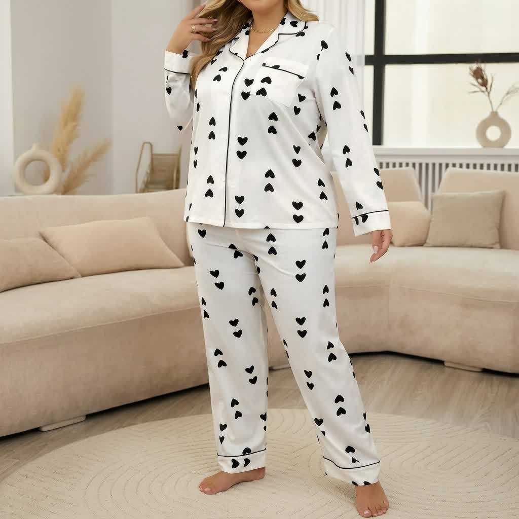 Heart Print Satin Pajama Set - Black - 4XL - image 5