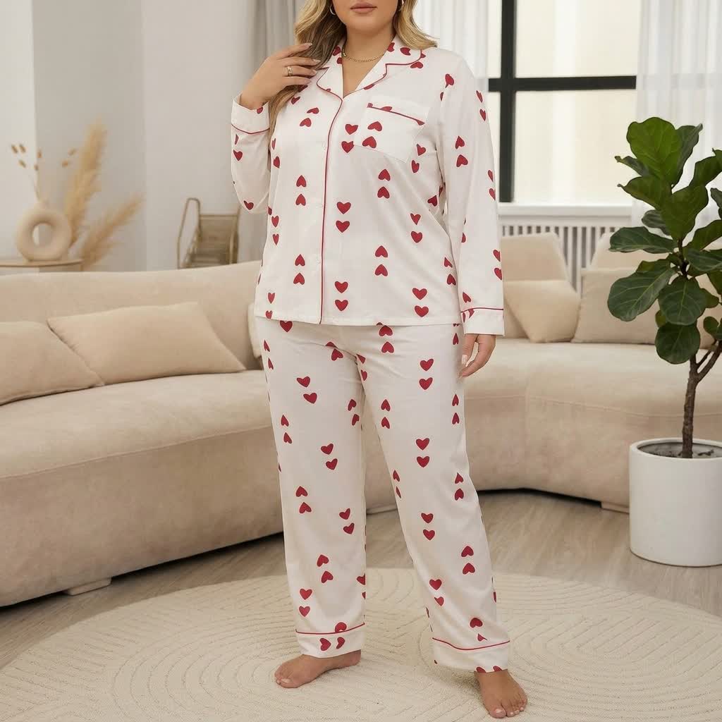 Heart Print Satin Pajama Set - White - 4XL - image 1