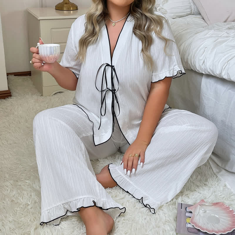Bow Trim Textured Pajama Set - image 2