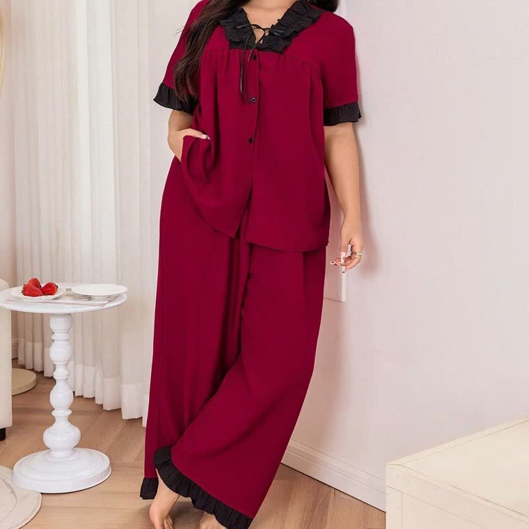 Contrast Ruffle Trim Pajama Set - image 3