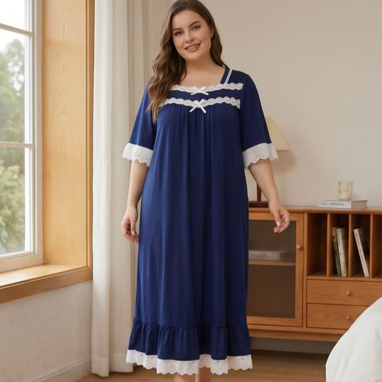 Lace Trim Bow Nightgown - Navy Blue - 4XL - image 1