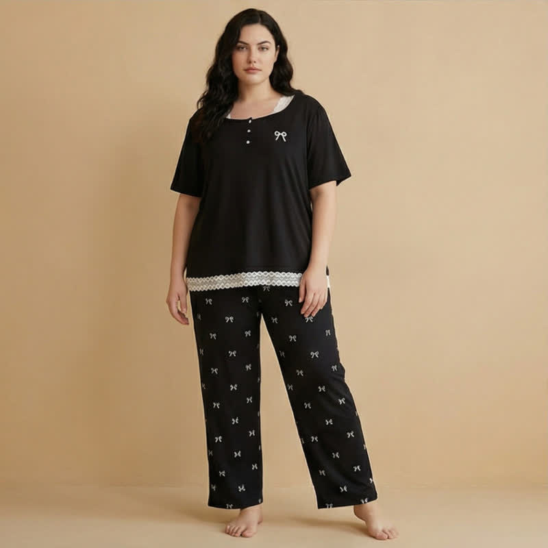 Lace Trim Bow Pajama Set - Black - 4XL - image 4