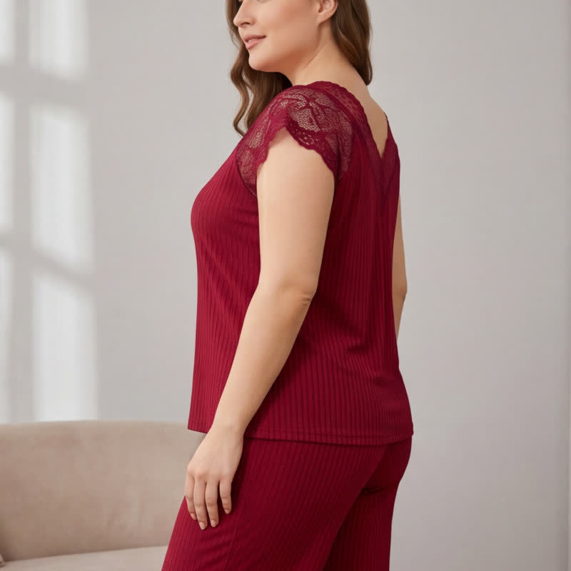 Ribbed Lace Trim V Neck Pajama Set - image 8