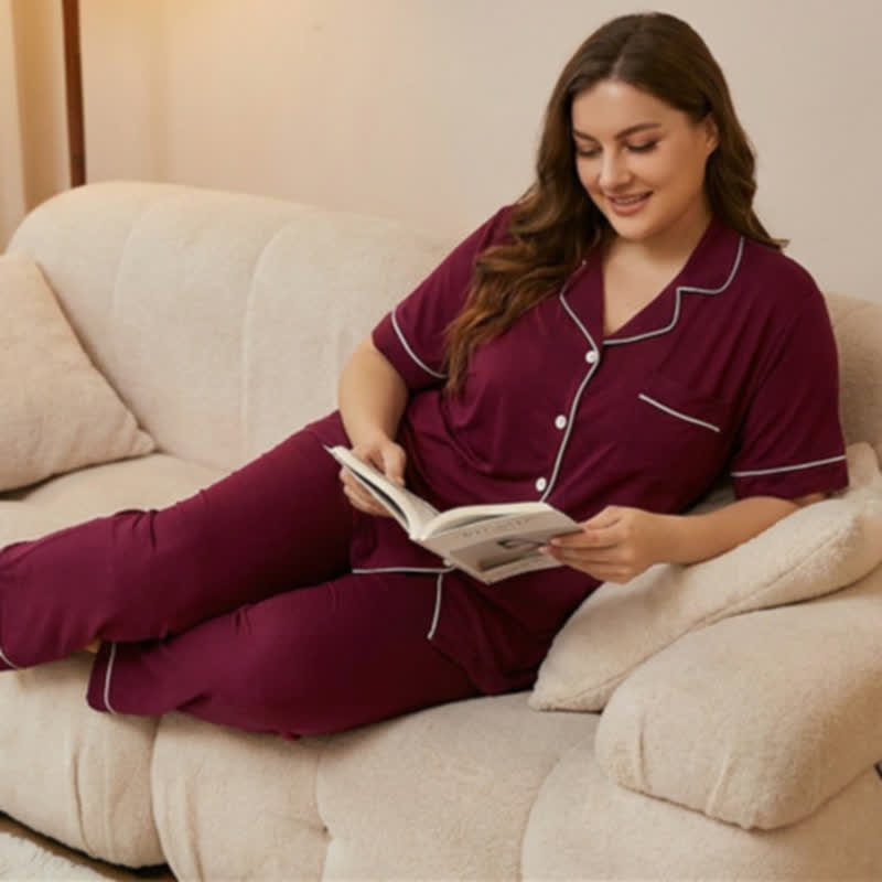 Modal Button Front Pajama Set - Red - 5XL - image 3
