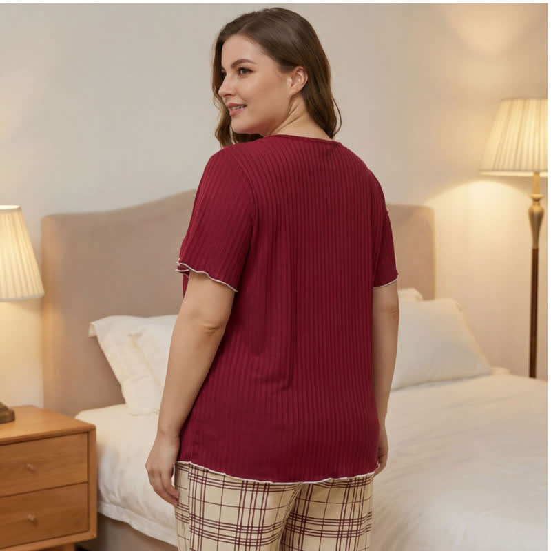 Lace Collar Plaid Pajama Set - image 4