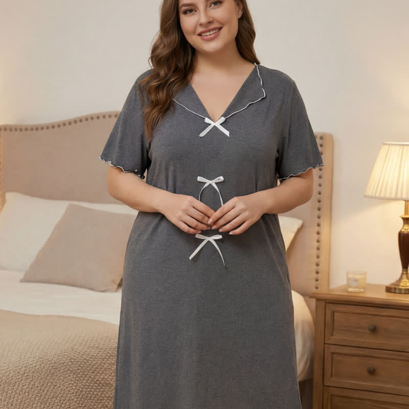 Elegant Bow Trim Loungewear - Gray - 5XL - image 7