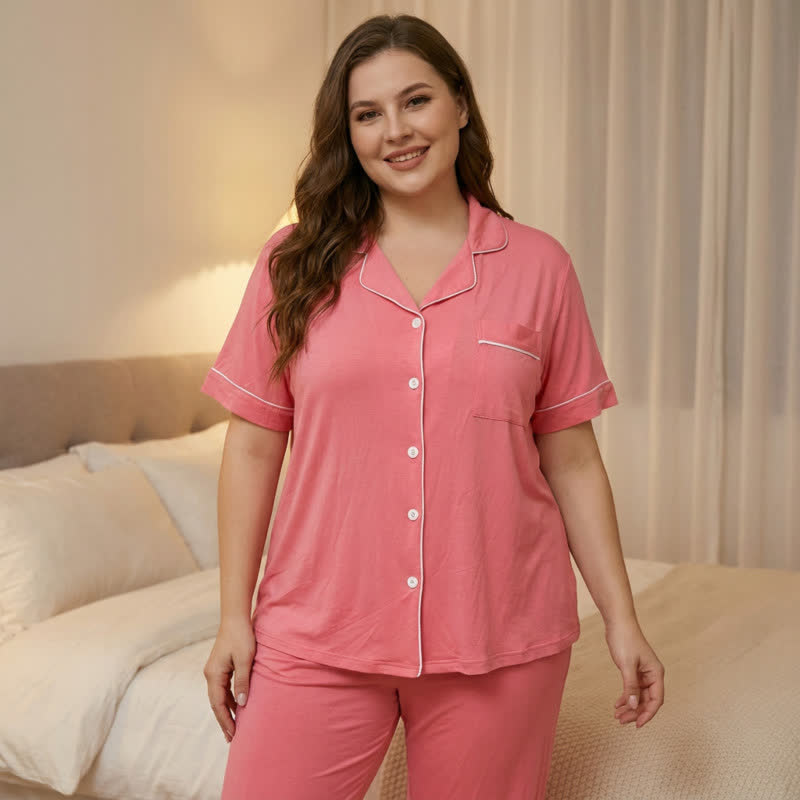 Modal Button Front Pajama Set - Pink - 5XL - image 5