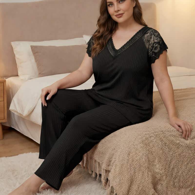 Ribbed Lace Trim V Neck Pajama Set - image 4