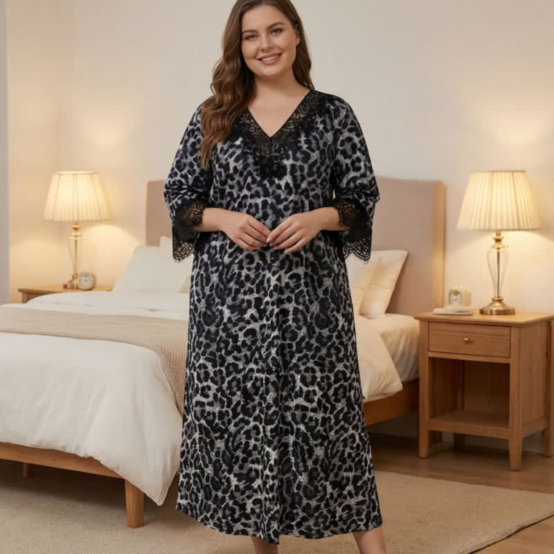 Leopard Lace Nightgown Loungewear - Black - 4XL - image 4